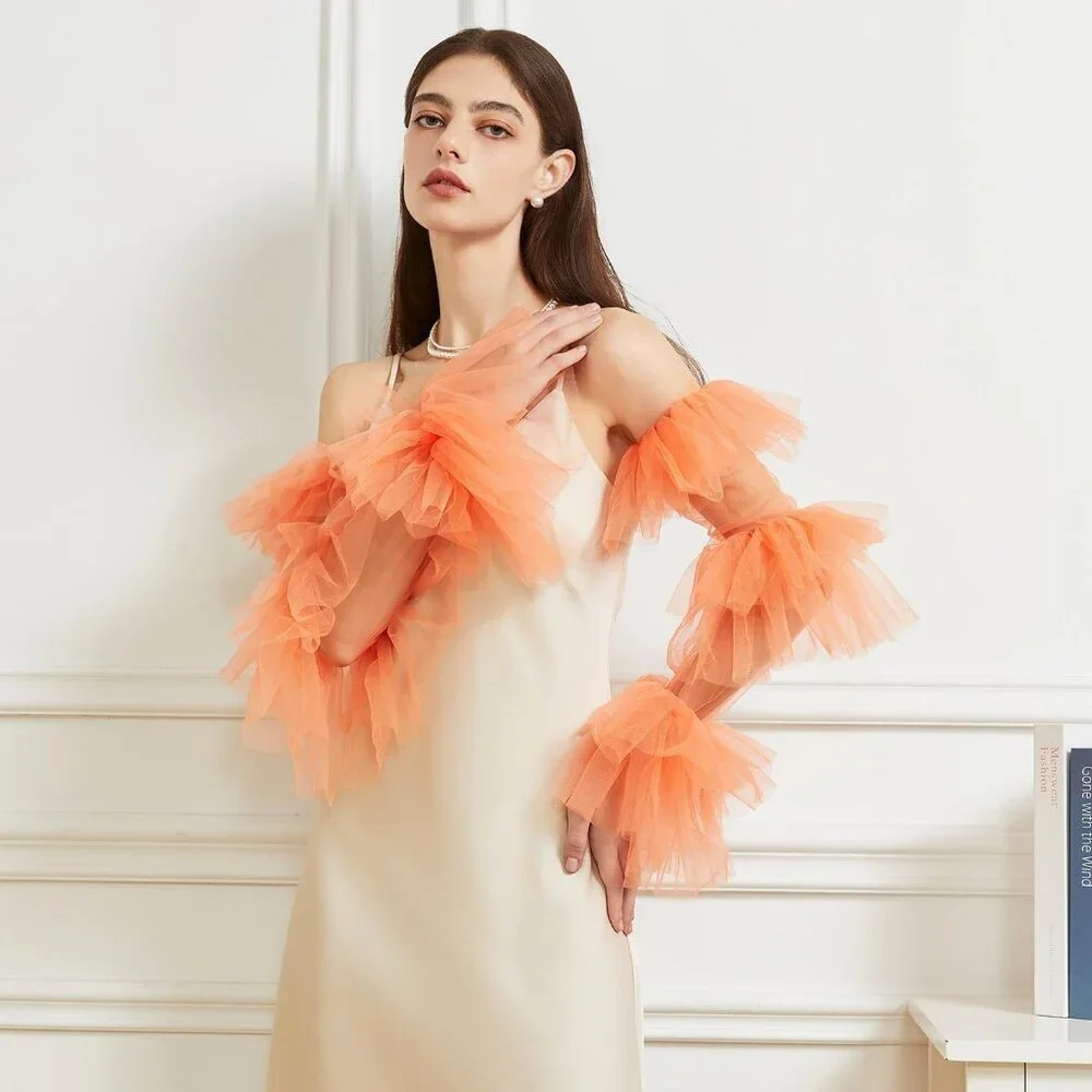 Women's Orange Satin Tulle  Ruffled Puff Long Gloves Banquet Wedding Party